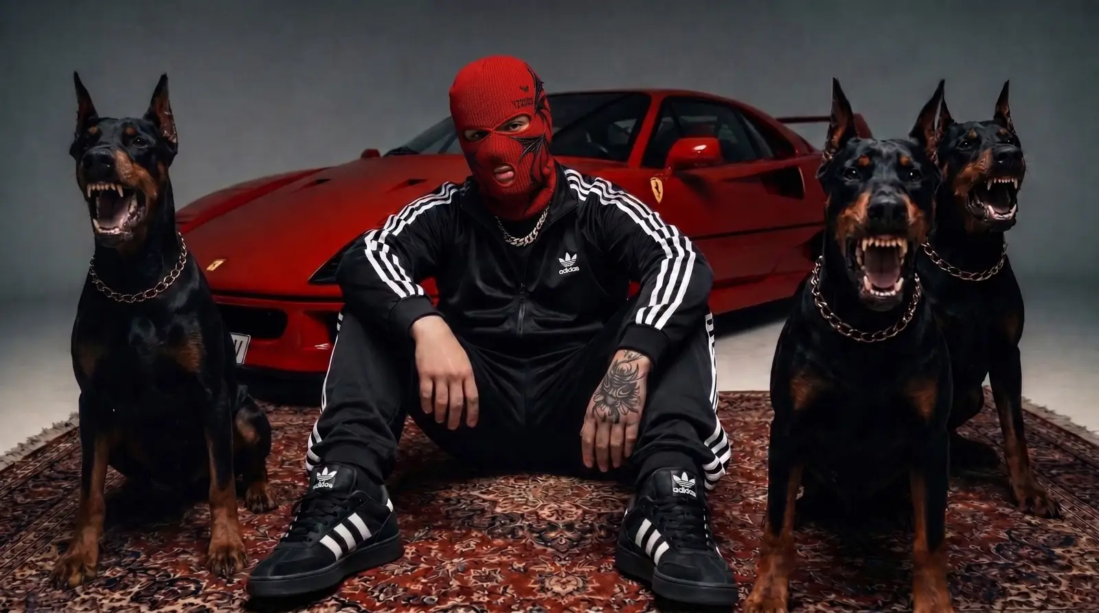 YZI KIDD con balaclava roja junto a un Ferrari y dobermans